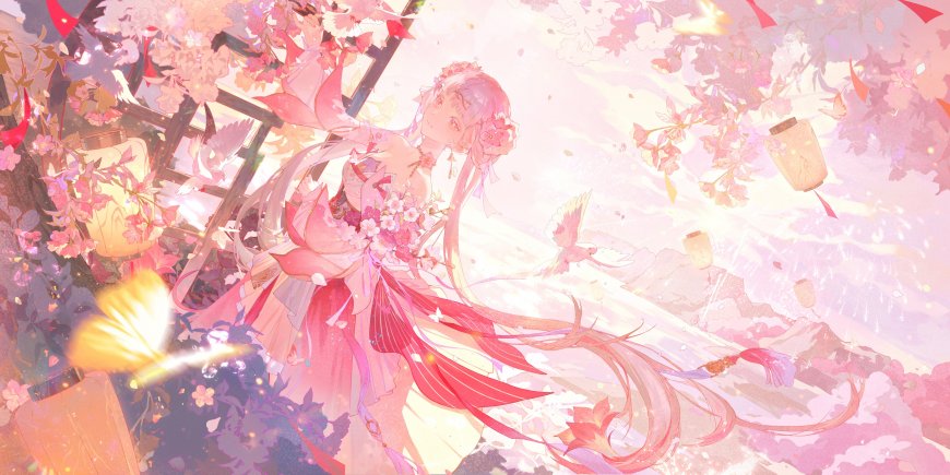 樱花纷飞长发少女持花立于灯笼竹梯间粉紫梦幻动漫电脑壁纸