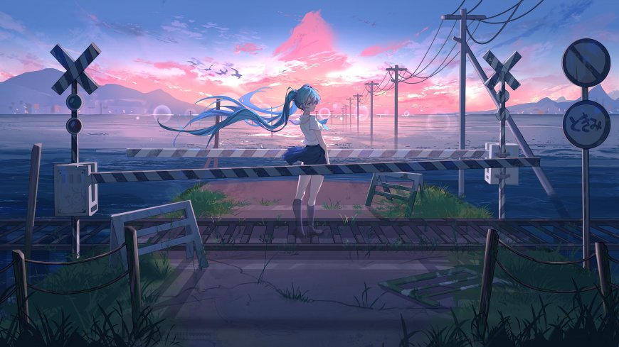 初音未来蓝发双马尾铁路道口夕阳粉紫动漫电脑壁纸