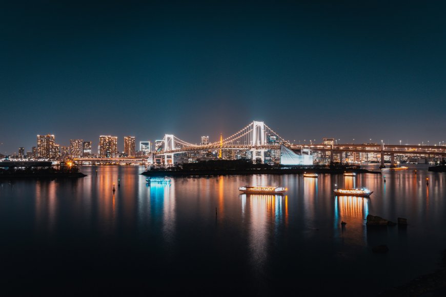 东京彩虹大桥夜景灯火璀璨蓝金城市建筑电脑壁纸