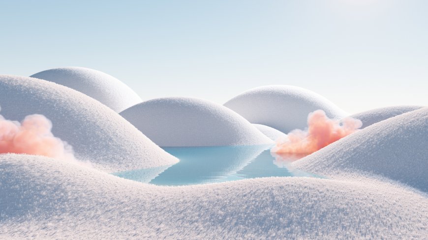 雪丘起伏湖水映天粉雾缭绕蓝白唯美风景电脑壁纸