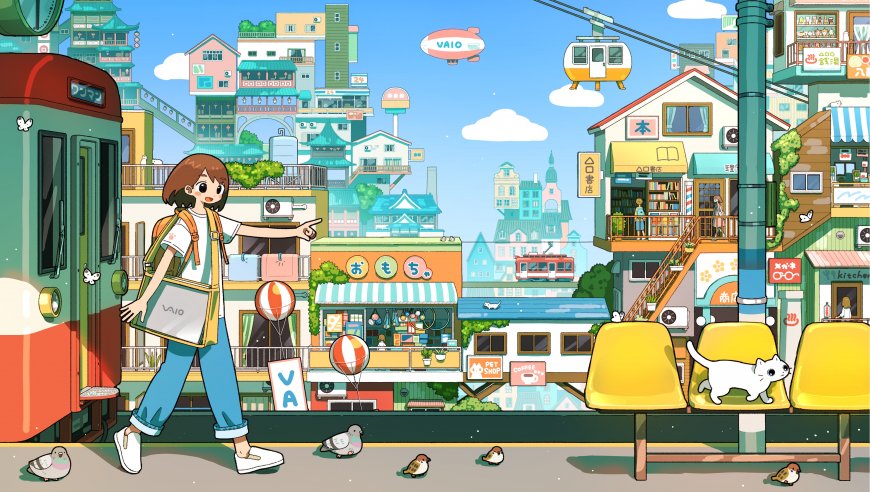 动漫少女街头指路多彩城市街景插画电脑壁纸
