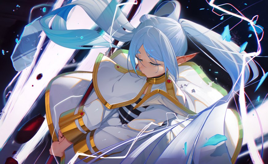 初音未来蓝发双马尾白金服饰动态光效蓝白动漫电脑壁纸