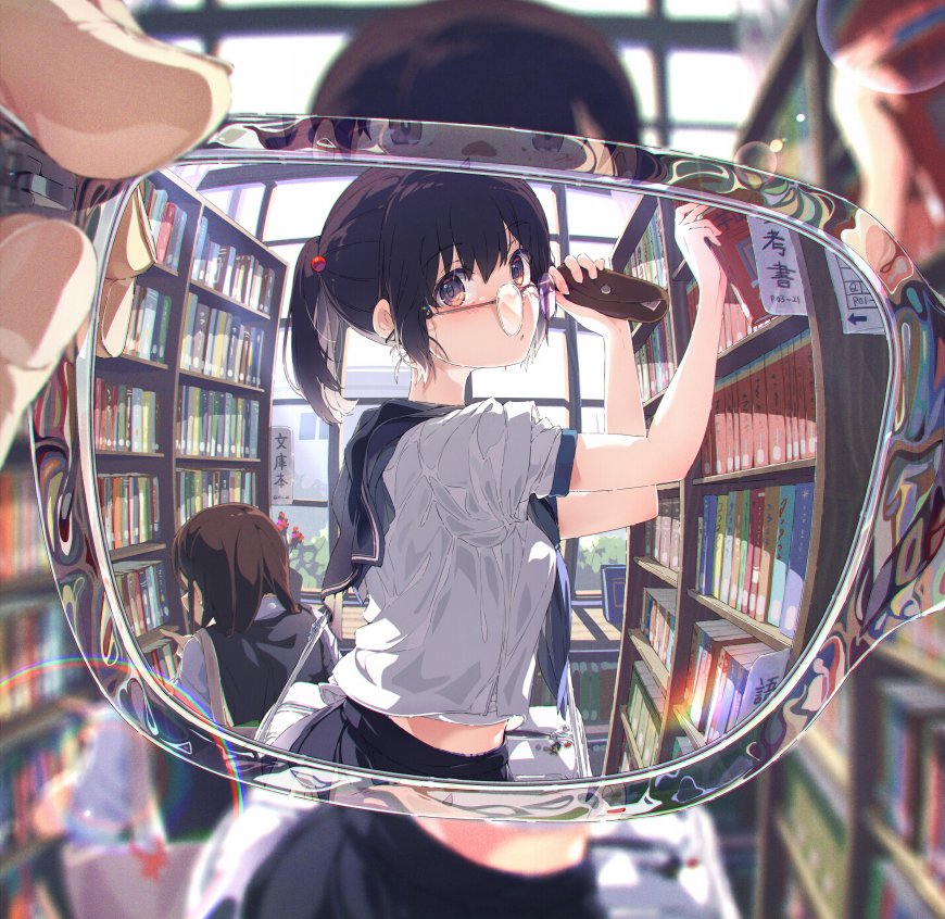 眼镜反射图书馆少女伸手取书暖光动漫电脑壁纸