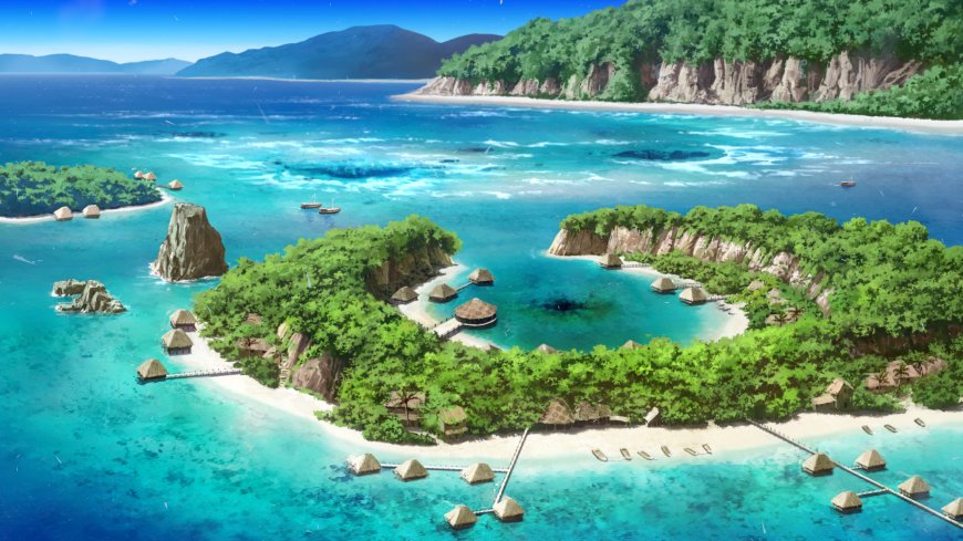 热带海岛碧海蓝天绿林环绕茅草屋度假村蓝绿风景电脑壁纸