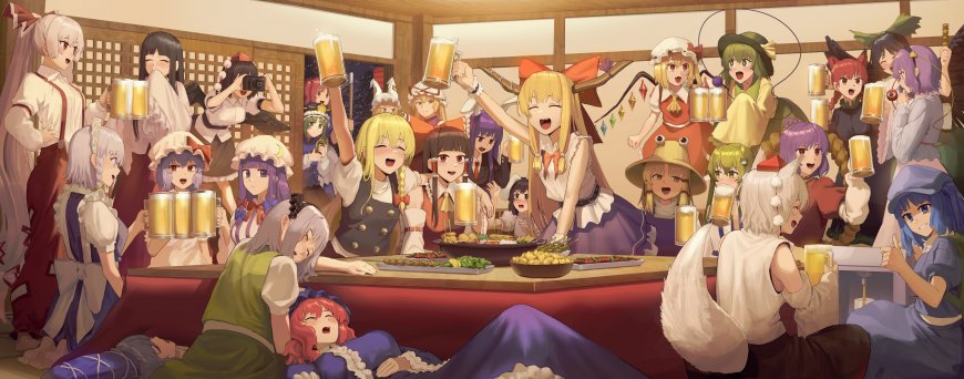 东方Project众角色居酒屋欢聚举杯畅饮热闹群像动漫电脑壁纸