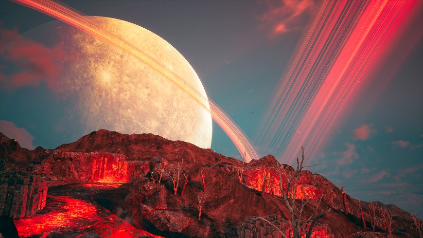巨大环形行星悬于赤红熔岩山峦上空暗红蓝紫太空科幻电脑壁纸
