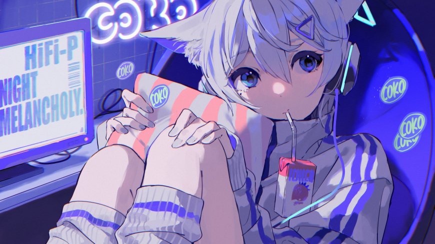 银发猫耳少女抱枕听歌蓝紫霓虹动漫电脑壁纸