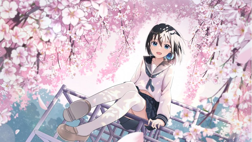 樱花树下黑白双色短发蓝眼少女水手服坐栏杆粉紫动漫电脑壁纸