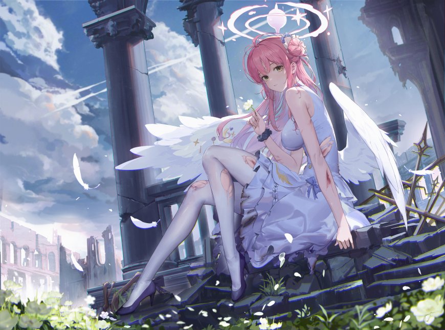粉发天使少女坐废墟持花蓝白梦幻动漫电脑壁纸