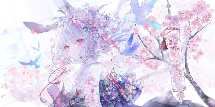 樱花树下银发少女花冠和服粉紫梦幻动漫电脑壁纸