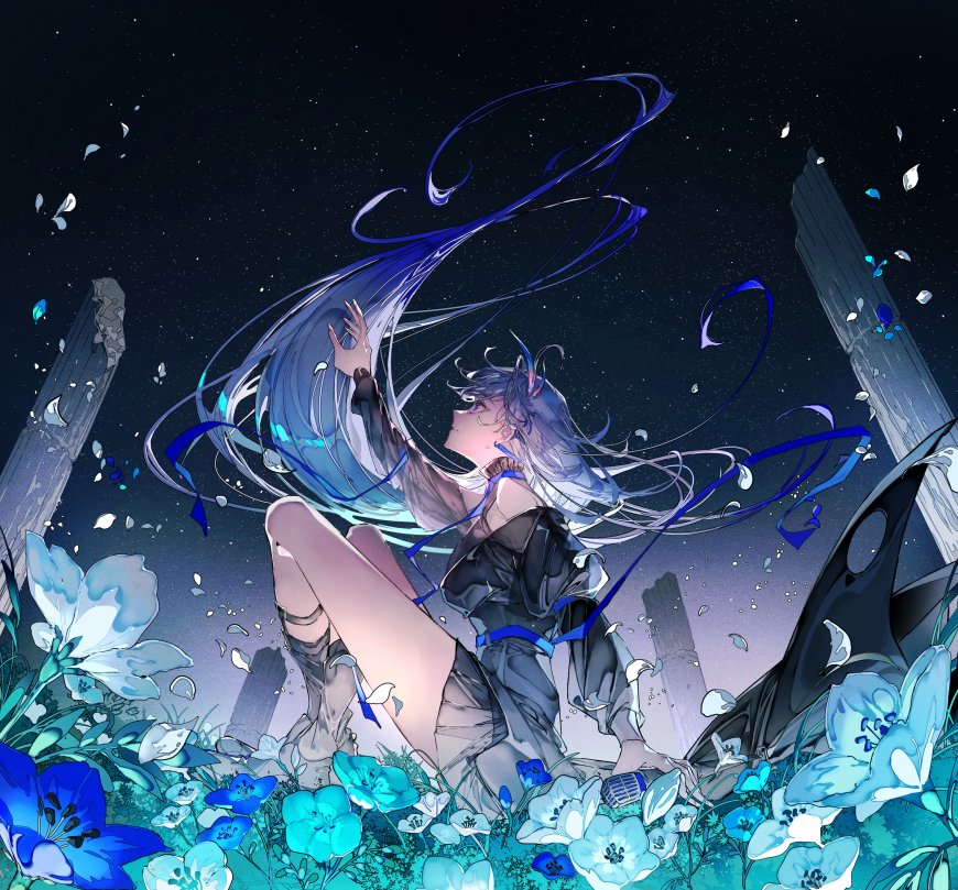 蓝发少女仰望星空长发飞舞蓝白梦幻动漫电脑壁纸