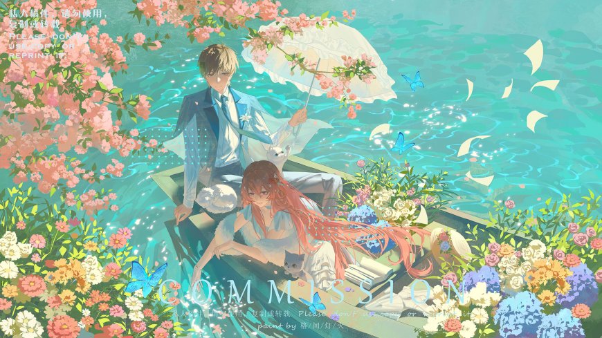 动漫少年少女泛舟花海粉蓝唯美插画电脑壁纸