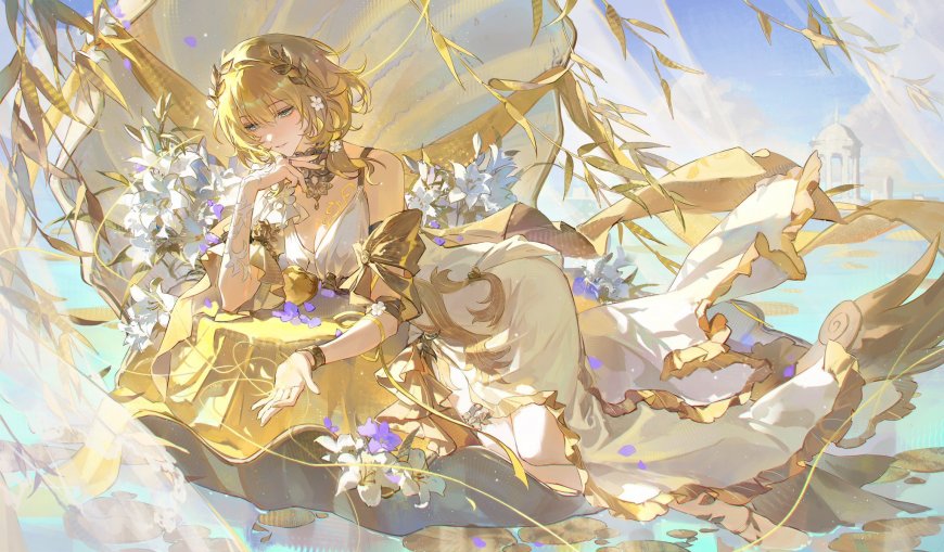 金发少女花环白裙坐姿优雅淡金紫梦幻动漫电脑壁纸
