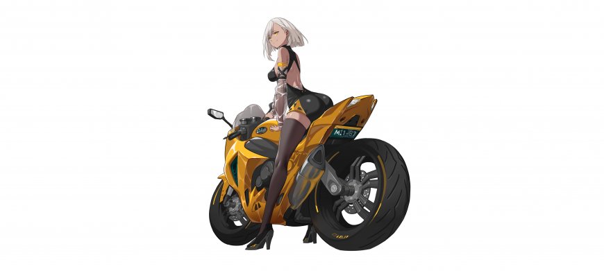 WLOP绘橙衣少女蜷缩街头摩托车旁孤独治愈插画电脑壁纸