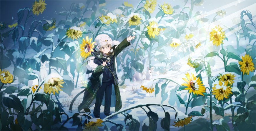动漫角色白发少年雪中向日葵花田伸手指引蓝白唯美动漫电脑壁纸