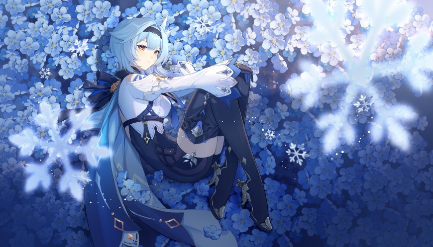 原神优菈蓝发少女躺卧花海雪花飘落蓝白动漫电脑壁纸