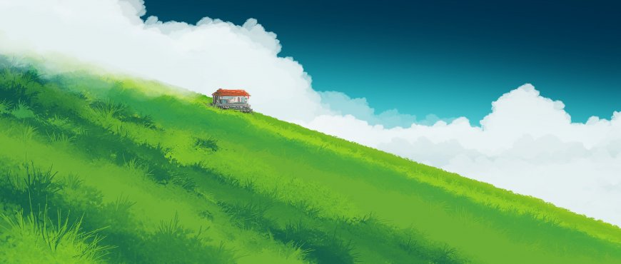 青翠山坡小屋云海蓝天自然风景电脑壁纸