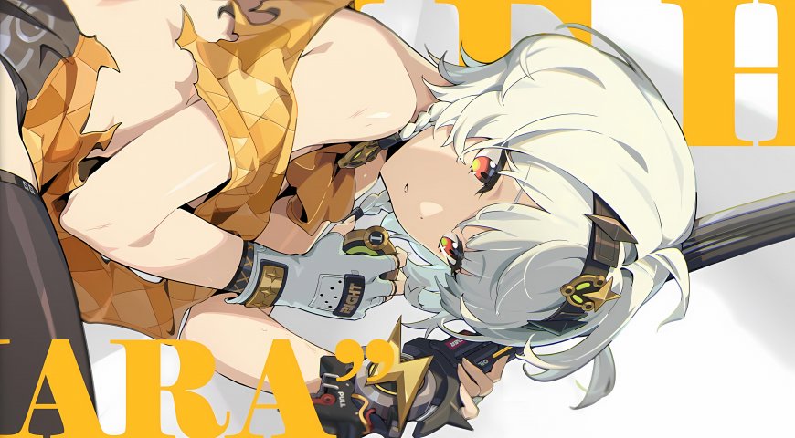 原神角色珐露珊白发红瞳持枪侧卧金棕色调动漫电脑壁纸
