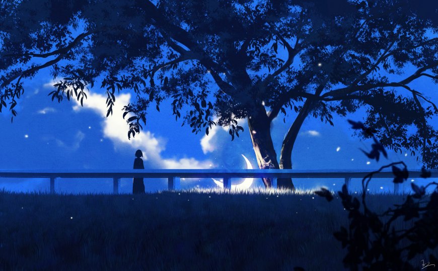 夜色树影下少女伫立桥畔蓝紫梦幻插画电脑壁纸