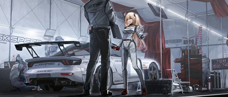 赛车少女与改装跑车银灰科技风汽车电脑壁纸
