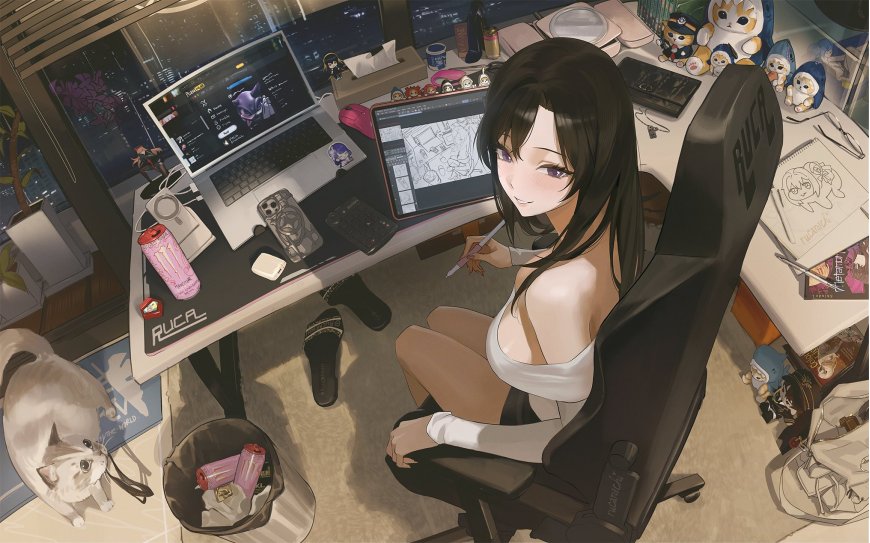 黑发紫眸少女深夜绘图暖黄动漫电脑壁纸