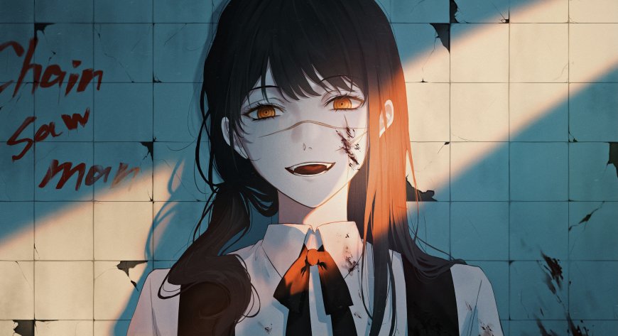 链锯人玛奇玛黑发橙瞳微笑血迹蓝白动漫电脑壁纸