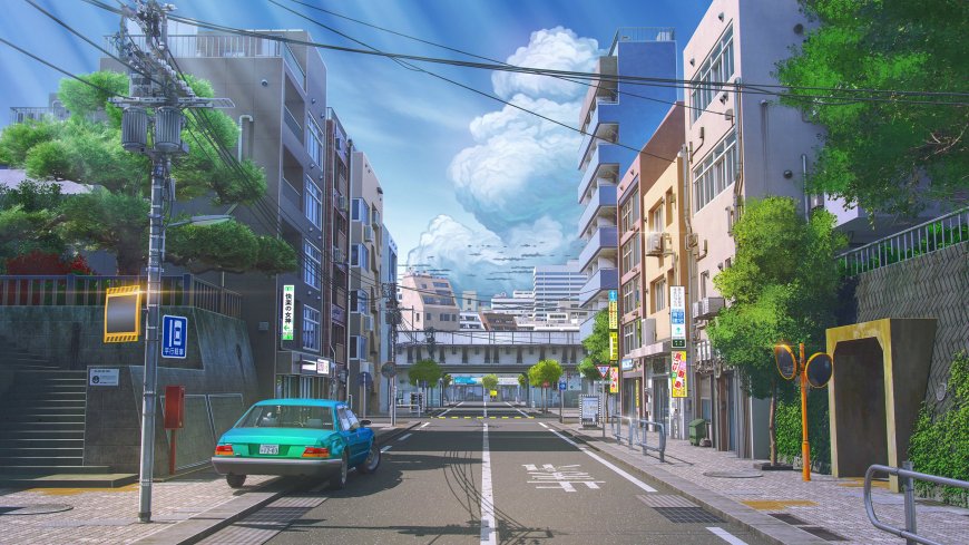 城市街道绿树成荫青空白云日系动漫电脑壁纸