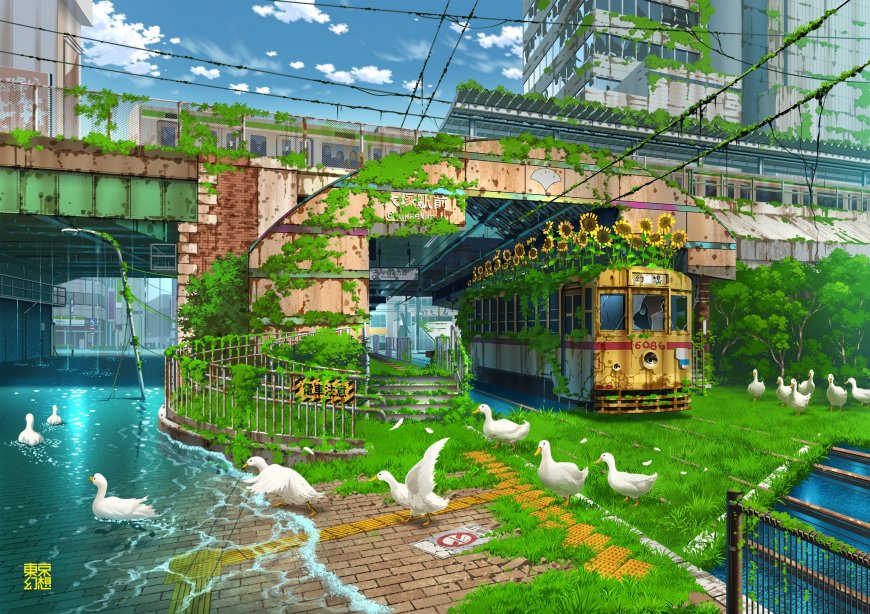 废弃车站绿植覆盖黄电车白鸭漫步蓝绿清新动漫电脑壁纸