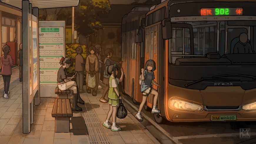 城市公交站台少女候车暖棕插画创意电脑壁纸