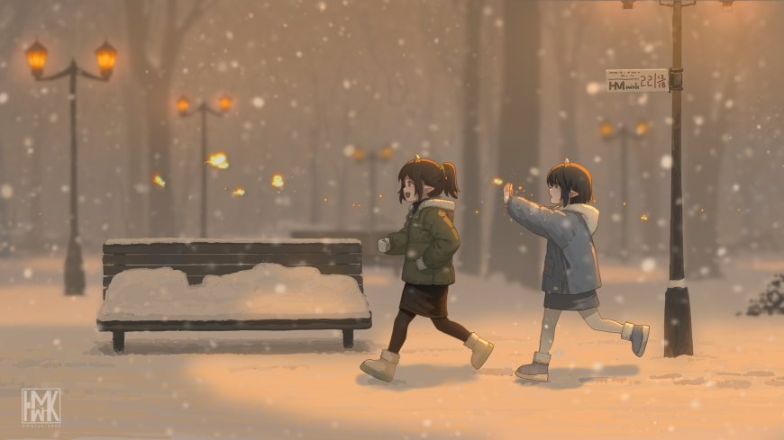 雪夜公园奔跑少女暖橙动漫电脑壁纸