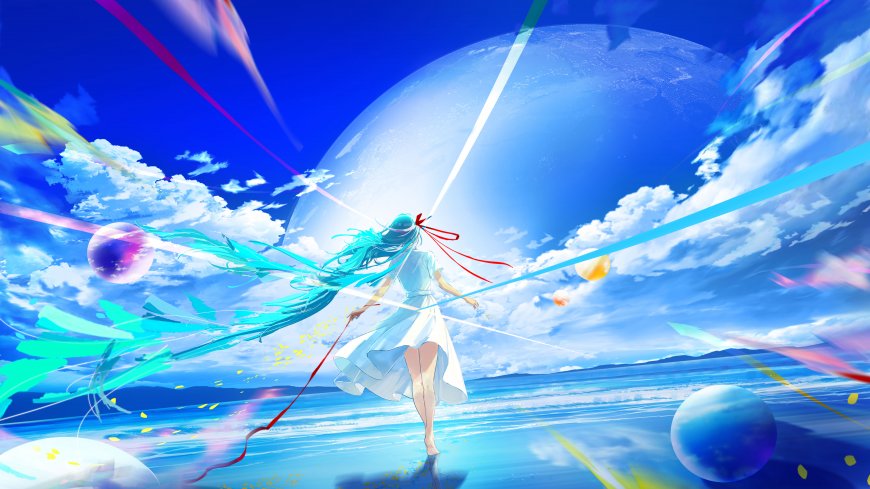 初音未来蓝发白裙海边奔跑彩带飞舞蓝白梦幻动漫电脑壁纸