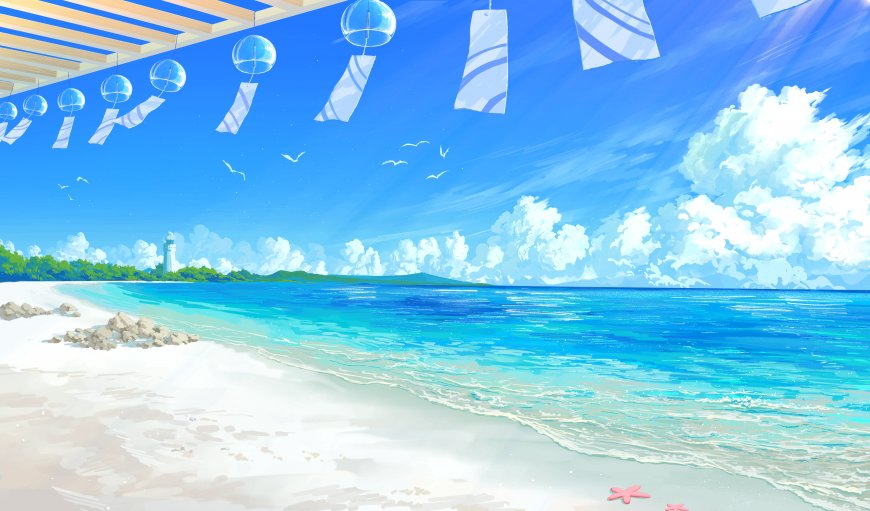 夏日海滩白沙滩碧海蓝天风铃飘扬蓝白清新动漫电脑壁纸