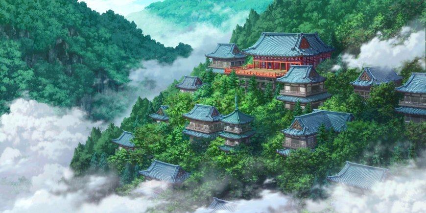 山间云雾缭绕古风寺庙群青绿动漫电脑壁纸