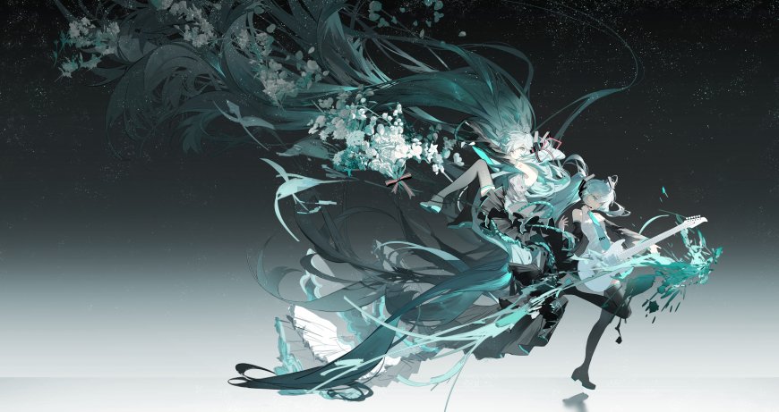 初音未来与镜音铃双人演奏青蓝流光动漫电脑壁纸