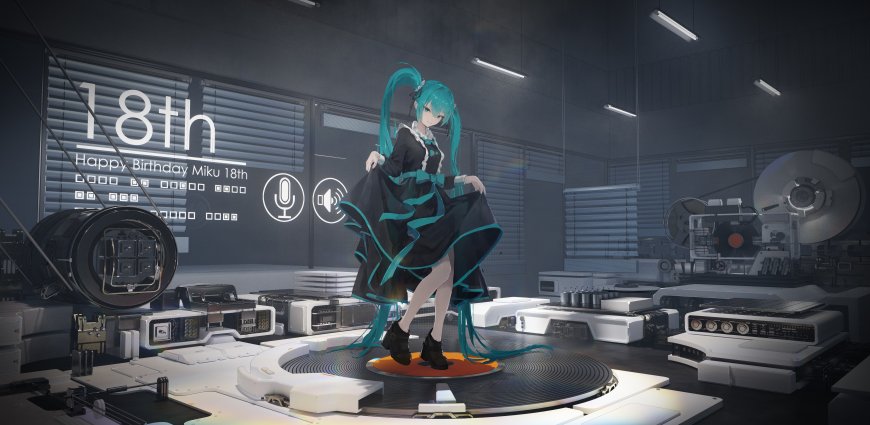 初音未来18周年庆黑裙蓝发少女科技风室内场景蓝灰动漫电脑壁纸