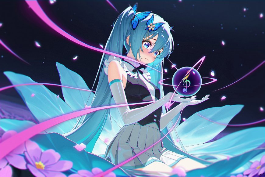 初音未来蓝发蝴蝶结持音符水晶球紫蓝光效动漫电脑壁纸