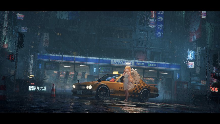 雨夜街道黄黑出租车旁天使少女蓝灰霓虹动漫电脑壁纸