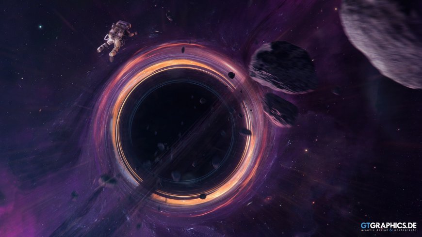 黑洞引力漩涡宇航员漂浮紫橙星云太空科幻电脑壁纸