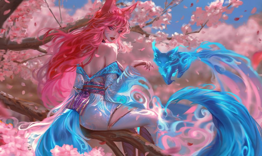 英雄联盟阿狸樱花树下蓝粉幻狐少女动漫电脑壁纸