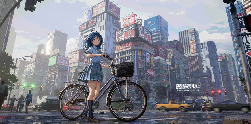 蓝发少女校服推车街头霓虹都市动漫电脑壁纸