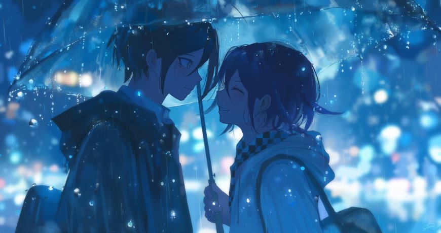 雨夜伞下少年少女相视微笑蓝调动漫电脑壁纸