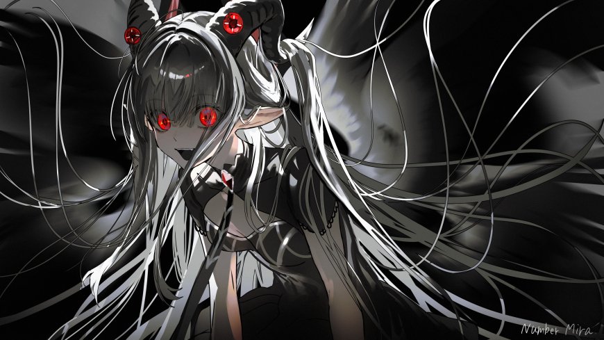 黑发红瞳恶魔少女双角飘发暗黑动漫电脑壁纸