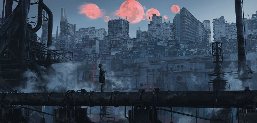末日废墟城市多轮红月悬空少女立管道科幻电脑壁纸