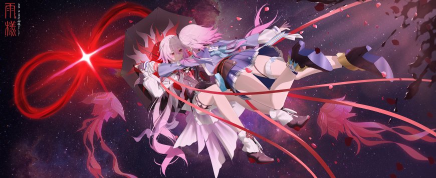 崩坏3琪亚娜粉发持伞星海飘舞暗紫动漫电脑壁纸