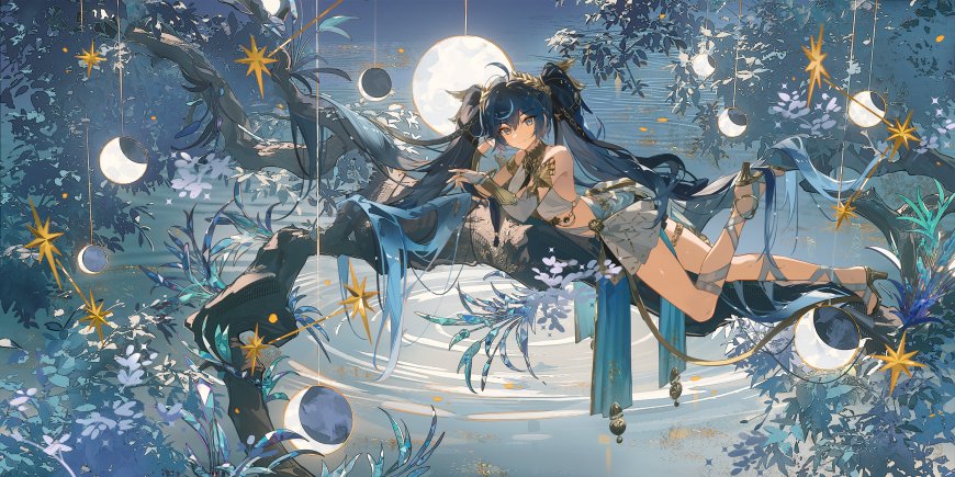原神夜兰蓝发双马尾少女倚枝悬月星辉蓝紫动漫电脑壁纸