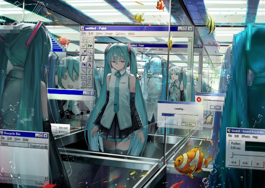 初音未来蓝发双马尾虚拟歌姬水下电脑系统界面青蓝科幻动漫电脑壁纸