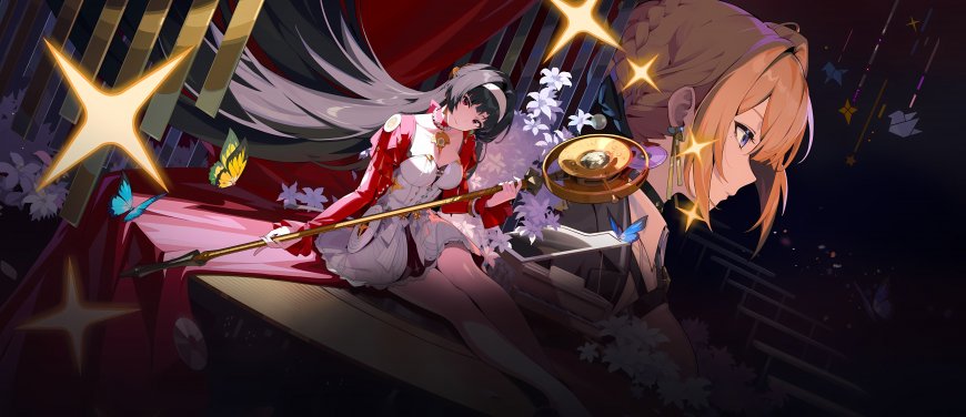 绝区零耀嘉音与伊芙琳双人红白金礼服舞台星光特效插画动漫电脑壁纸