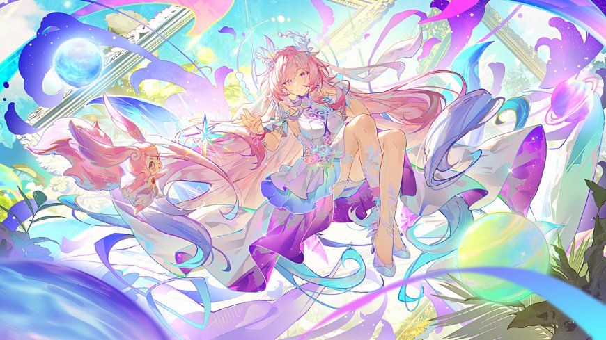 魔法少女粉发少女与精灵伙伴梦幻紫蓝奇幻动漫电脑壁纸