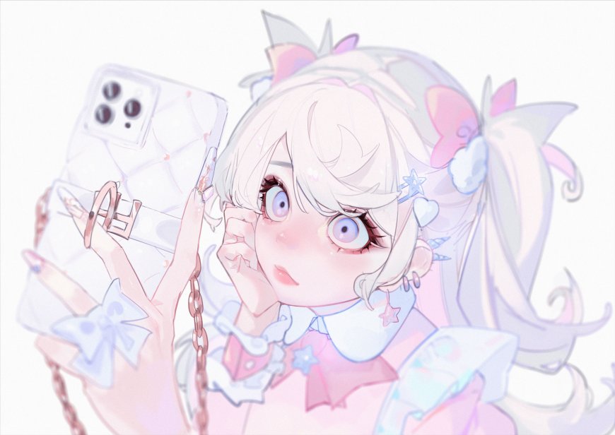 动漫少女手持手机自拍粉蓝梦幻风格动漫电脑壁纸