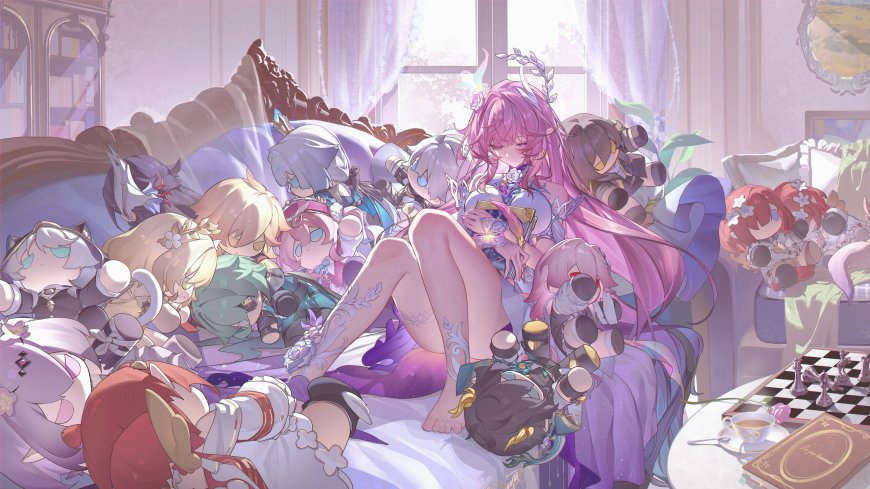 原神多位角色沙发休憩粉紫梦幻动漫电脑壁纸